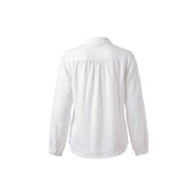 A loose-fitting, hip-length blouse with graphic lace details. Features a collar and button closure.