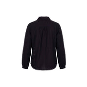 A loose-fitting, hip-length blouse with graphic lace details. Features a collar and button closure.